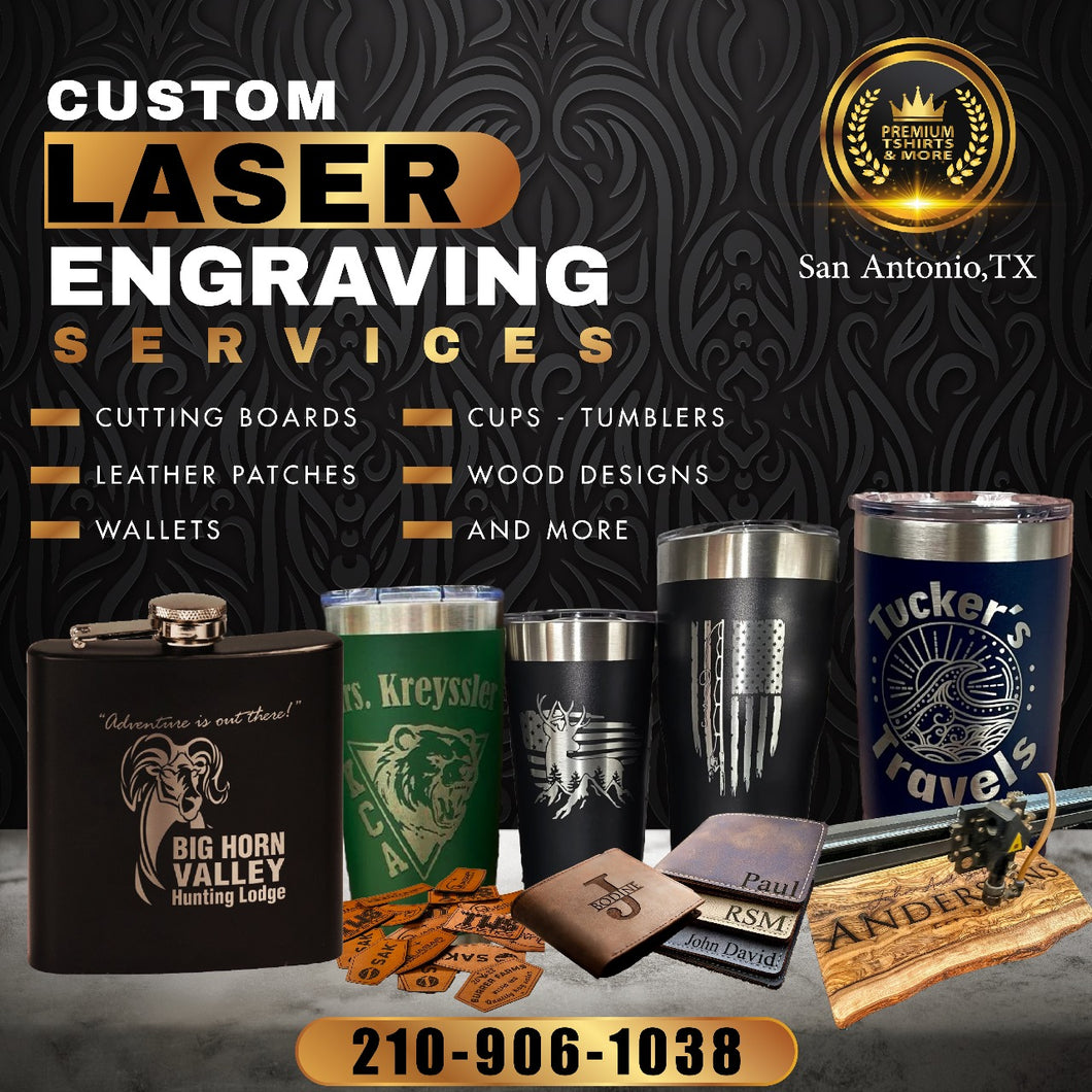 Custom Laser Engraving Service 40 oz Tumblers, 20 oz Skinny Tumblers, 20 oz Stubby Tumblers, 12 oz Wine Tumblers, 6 oz Flasks